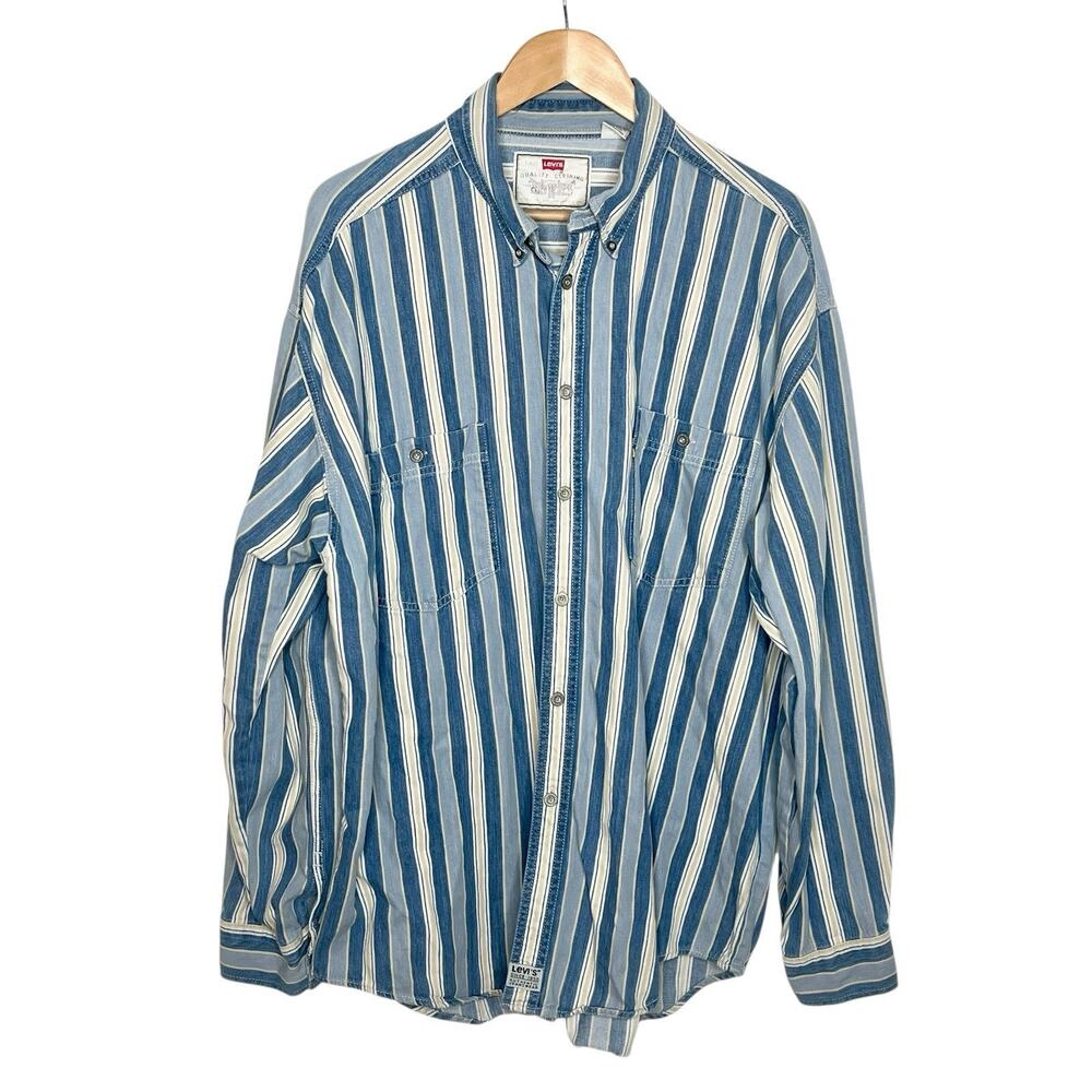 Levis Vintage Mens Striped Denim Shirt XL Work Chore Engineer Western
